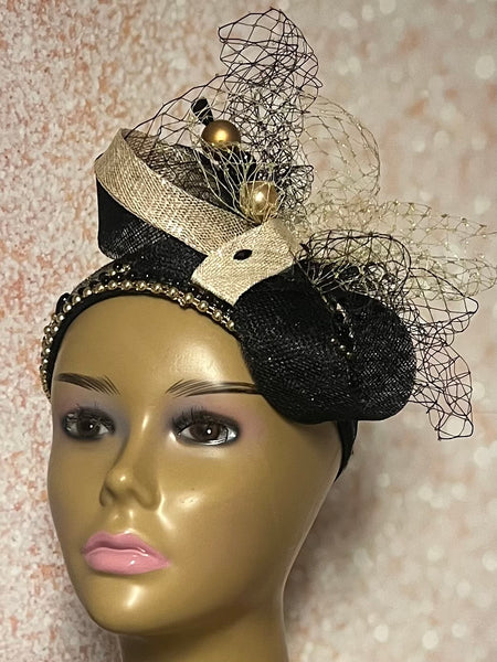 Black and Gold Beaded Sequin Headband-shaped Half Hat Fascinator for weddings, church and special occasions, Gift for Mom, Sister, Wife, Her