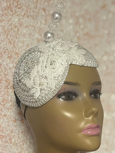 White Double Cup Pearl Bead Half Hat Fascinator for weddings, church, tea parties and special occasions