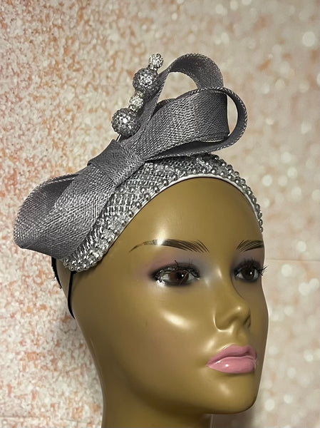 Silver Sequin Beaded Headband-Shaped Fascinator Half Hat for Church, Tea Parties, Weddings and other special occasions