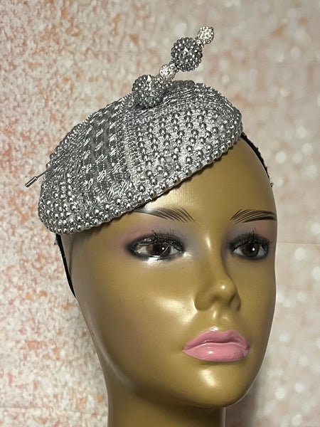 Silver Beaded Button Cocktail Fascinator Half Hat for Church, Tea Parties, Weddings and other special occasions