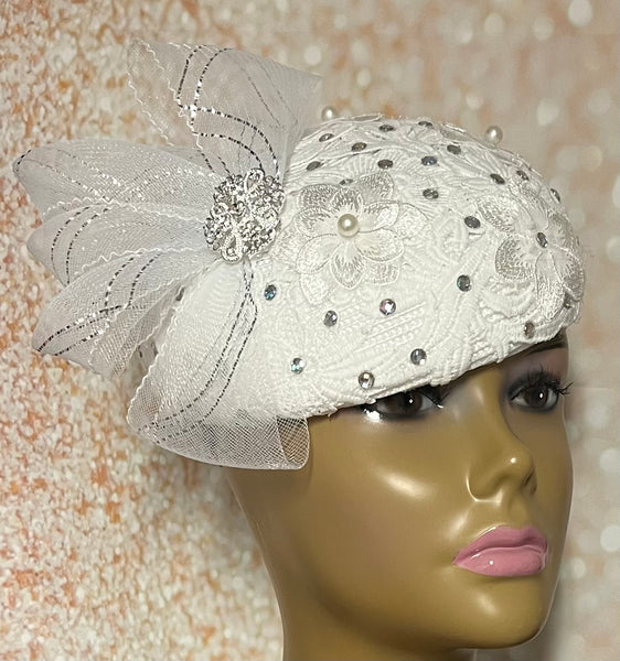 White Lace Rhinestone and Pearl Half Hat Fascinator for weddings, church, tea parties and special occasions