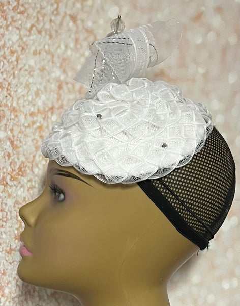 Beautiful White Fascinator Half Hat for Church Head Covering, Tea Parties and Other Special Occasions