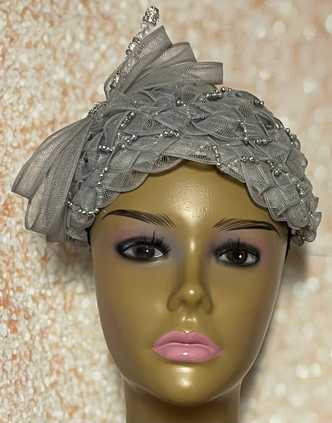Gray and Silver Fascinator Half Hat for Church, Tea Party, Weddings and Special Occasions