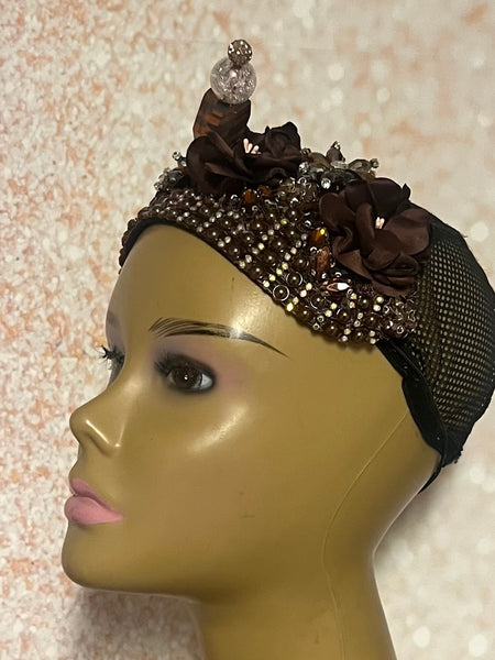 Brown Flower Beaded Rhinestones Headband-Shaped Fascinator Half Hat for Church, Tea Parties, Weddings and other special occasions