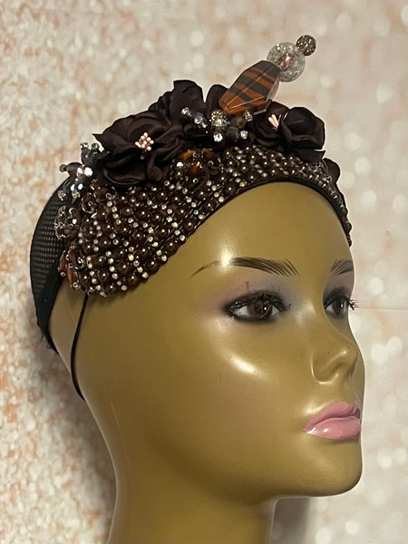 Brown Flower Beaded Rhinestones Headband-Shaped Fascinator Half Hat for Church, Tea Parties, Weddings and other special occasions