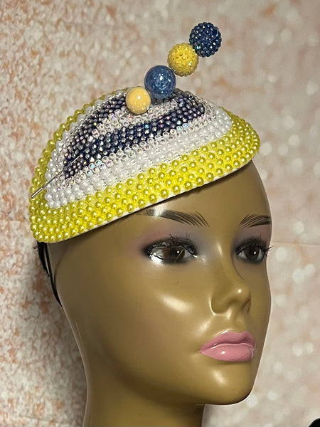 Yellow and Blue Multicolored Beaded Teardrop Fascinator Half Hat, Church Head Covering, Tea Parties, Weddings and other Special Occasions