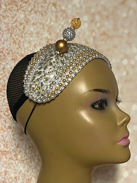 Gold and Silver Beaded Headband-Shaped Fascinator Half Hat for Church, Tea Parties, Weddings and other special occasions