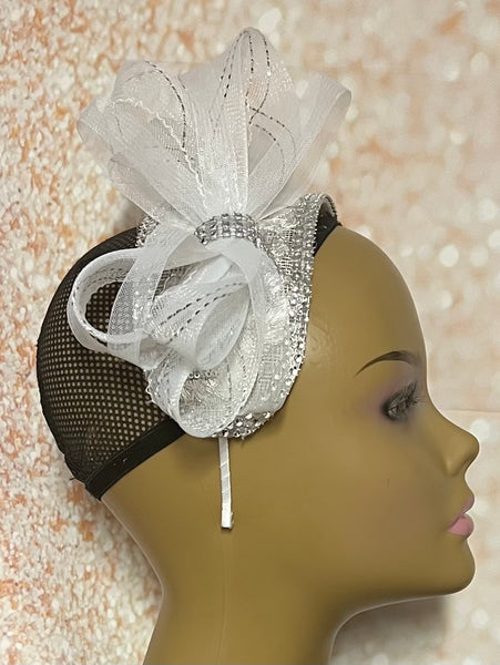 White Sinamay Lace Sequin Headband Fascinator, for Weddings, Church, Tea Parties, and other Special Occasions