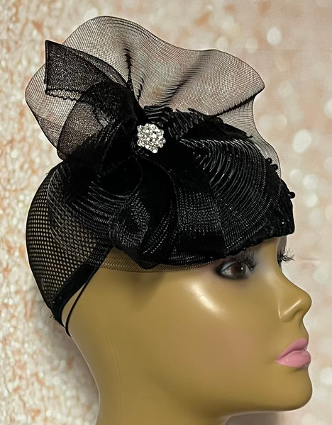 Black Lace Flower Half Hat Fascinator for weddings, church or funerals and tea parties