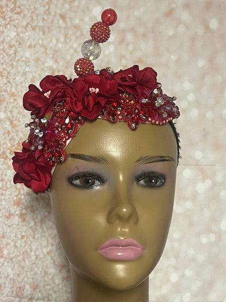 Red Flower Beaded Double Teardrop Fascinator Hat, Church and Special Occasion Headwear