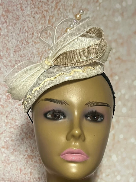 Cream/Off White Sequin Fascinator Half Hat, Church Head Covering, Tea Parties, Weddings