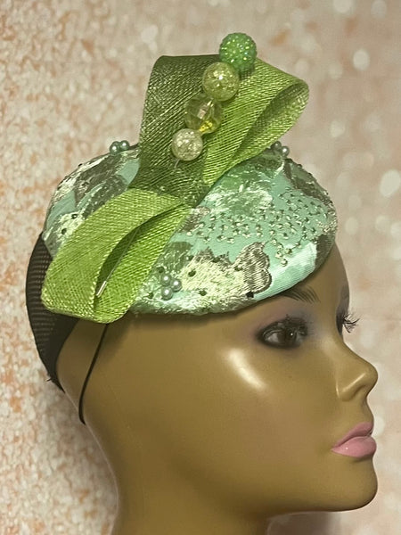 Green Lace Button Pillbox Fascinator Half Hat, Church Head Covering, Headwear, Tea Parties, Weddings, and other Special Occasions