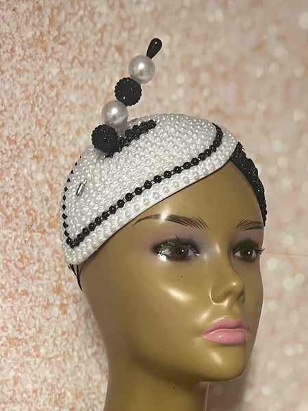 Black and white Beaded Half Hat Fascinator for weddings, church and special occasions, Gift for Mom, Sister, Wife, Her