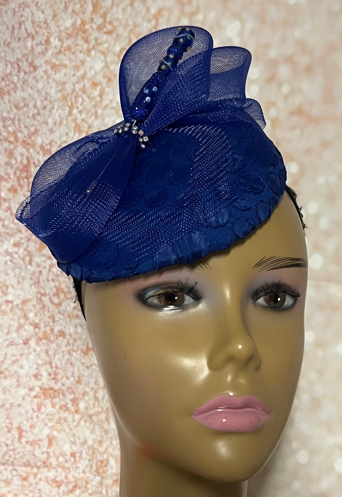 Blue Button Fascinator Royal Blue Half Hat for Church head covering, Tea Party, Wedding, and other Special Occasions