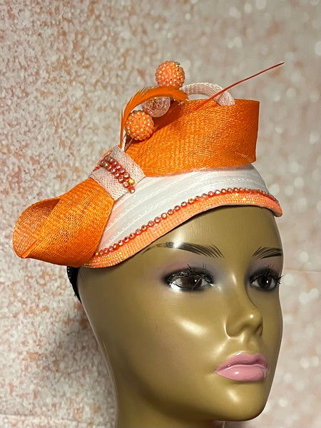 White and Orange Satin Half Hat Fascinator for Church Head Covering, Wedding, Tea Party, Mother of the Bride, and Other Special Occasions