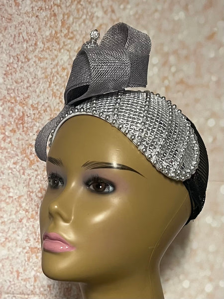 Silver Sequin Beaded Headband-Shaped Fascinator Half Hat for Church, Tea Parties, Weddings and other special occasions