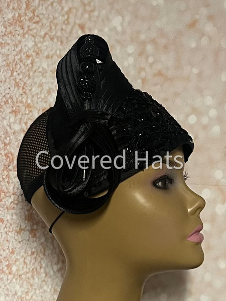 Black Beaded Half Hat Fascinator for Church and Special Occasion Headwear