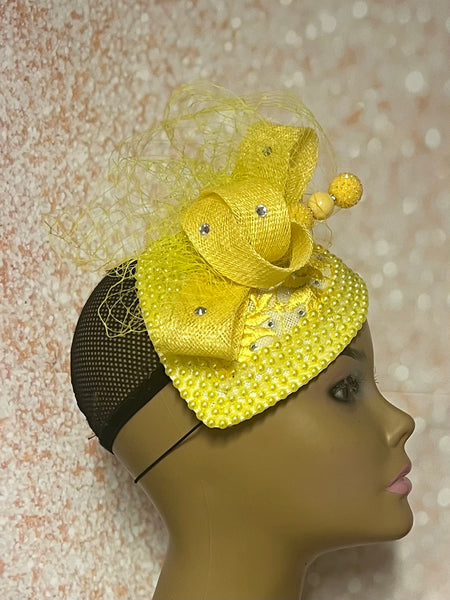 Yellow Beaded Lace Teardrop Fascinator Half Hat, Church Head Covering, Headwear, Tea Parties, Weddings and other Special Occasions