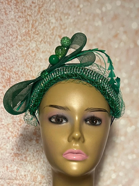 Green Rhinestone Bling Headband-Shaped Fascinator Half Hat for Church, Tea Parties, Weddings and other special occasions