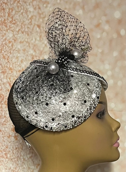Silver Sinamay Mesh Bling Fascinator Half Hat for Church, Tea Parties, Weddings and other special occasions