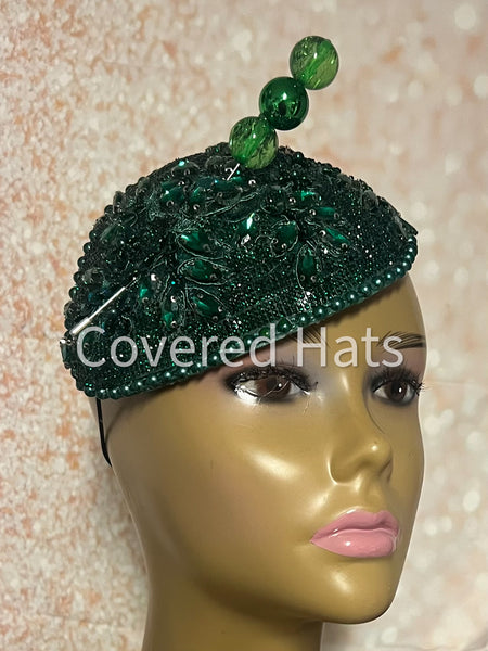 Green Rhinestone Bling Fascinator | Teardrop Half Hat for Church