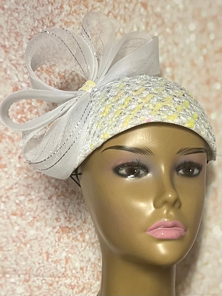 White Iridescent Sequin Fascinator Half Hat for Church, Weddings, Tea Parties, and other Special Occasions