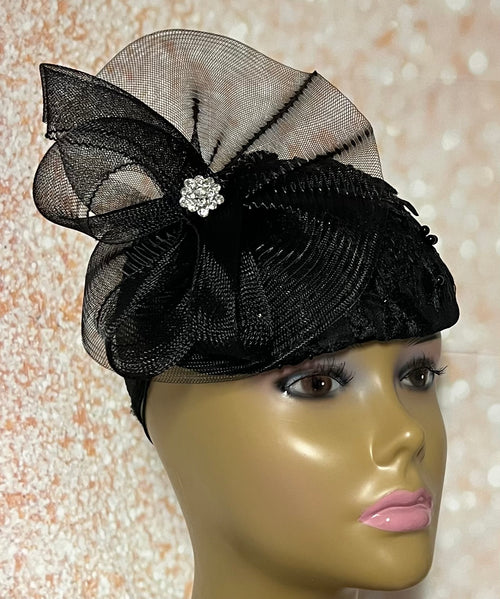 Black Lace Flower Half Hat Fascinator for weddings, church or funerals and tea parties