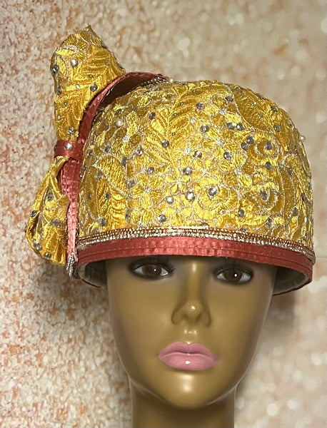 Yellow and Peach Full Skully Hat, Church Head Covering, Headwear, Tea Parties, Weddings and other Special Occasions