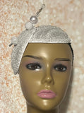 White Sinamay Bling Half Hat Fascinator for weddings, church, tea parties and special occasions