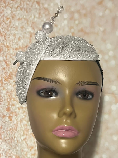 White Sinamay Bling Half Hat Fascinator for weddings, church, tea parties and special occasions