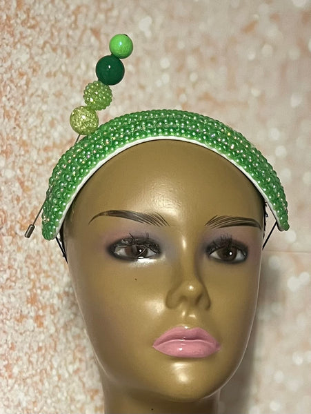 Green Beaded Headband-Shaped Fascinator Half Hat for Church, Tea Parties, Weddings and other special occasions