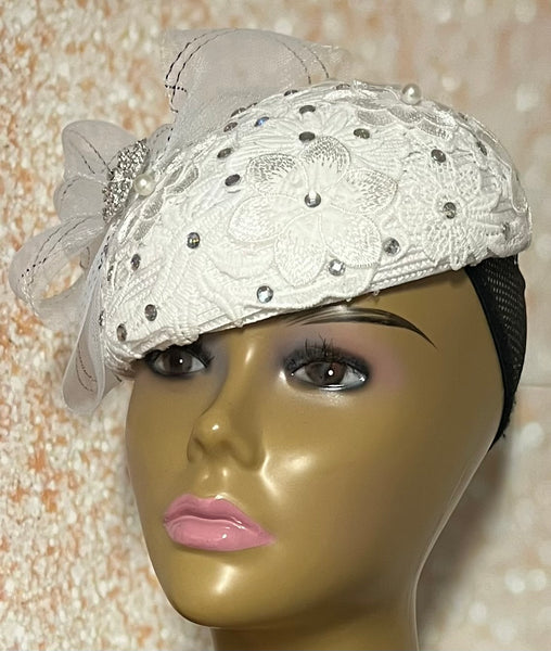 White Lace Rhinestone and Pearl Half Hat Fascinator for weddings, church, tea parties and special occasions