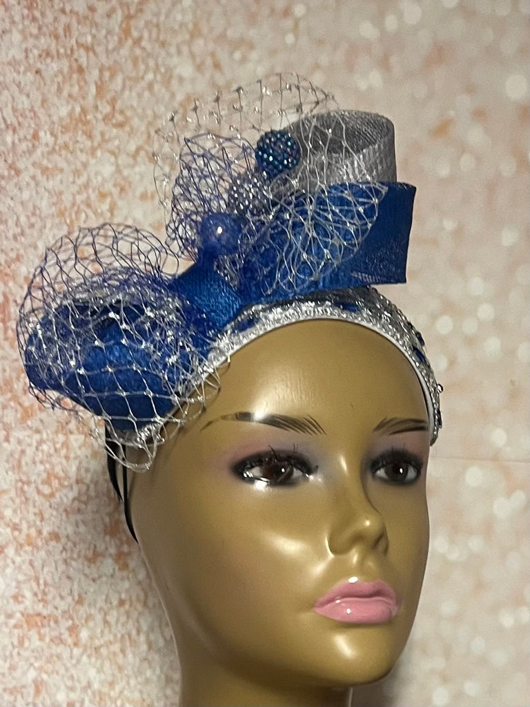 Silver and Blue Lace Rhinestones Studded Headband-Shaped Fascinator Half Hat for Church, Tea Party, Weddings and other special occasions