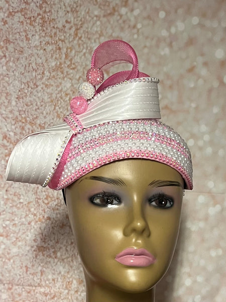 Beautiful Pink and White Beaded Full Hat for Church, Wedding, Mother of the Bride, Head Covering, Tea Parties