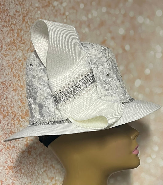 White Embroidered Lace Full Hat with Brim for weddings, church, tea parties and special occasions