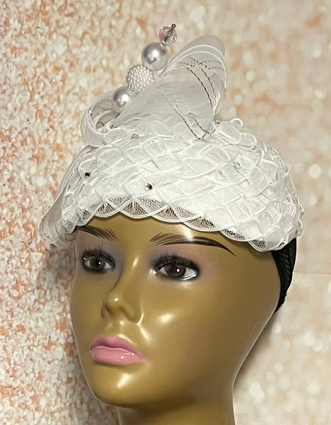 Beautiful White Fascinator Half Hat for Church Head Covering, Tea Parties and Other Special Occasions