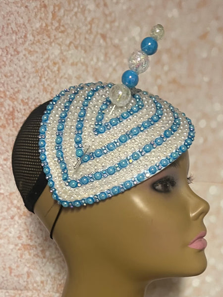 Blue Beaded Teardrop Fascinator Half Hat, Sky Blue Church and Special Occasion Headpiece