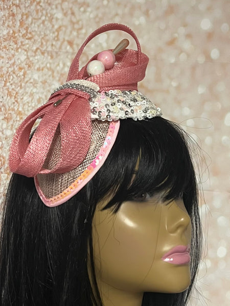 Pink Sinamay Fascinator, Light Pink Half Hat for Church head covering, Tea Party, Wedding, and other Special Occasions