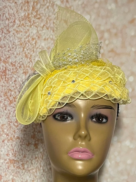Yellow Braid Fascinator Half Hat, Church Head Covering, Headwear, Tea Parties, Weddings and other Special Occasions