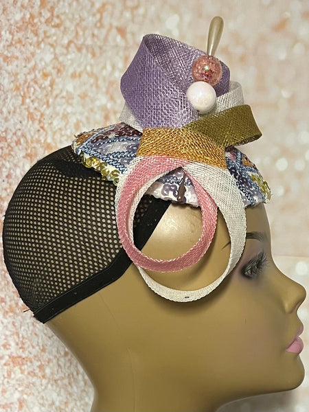 Lavender, Bronze Peach Yellow Pastel Multicolor Small Sinamay Fascinator Hat, Church Head Covering, Tea Party, Wedding and other special occasions