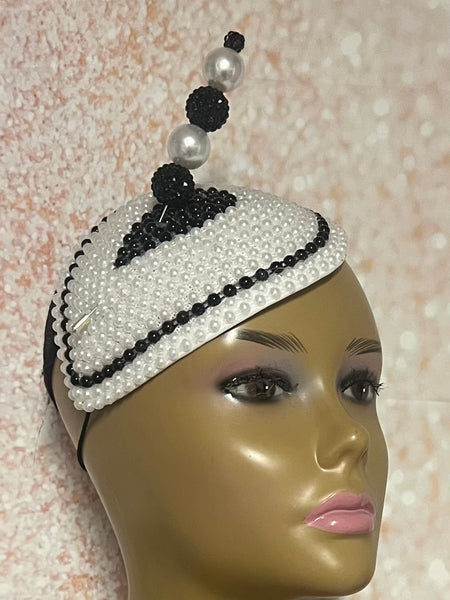 Black and White Bead Fascinator Half Hat for weddings, church and special occasions