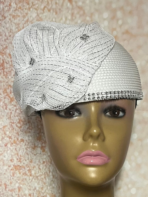 White Draped Mesh Full Hat Fascinator for weddings, church, tea parties and special occasions