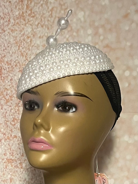 White Beaded Pearl Button Half Hat Fascinator for weddings, church and special occasions, Gift for Mom, Sister, Wife, Her