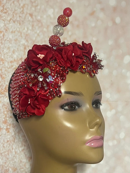 Red Flower Beaded Double Teardrop Fascinator Hat, Church and Special Occasion Headwear