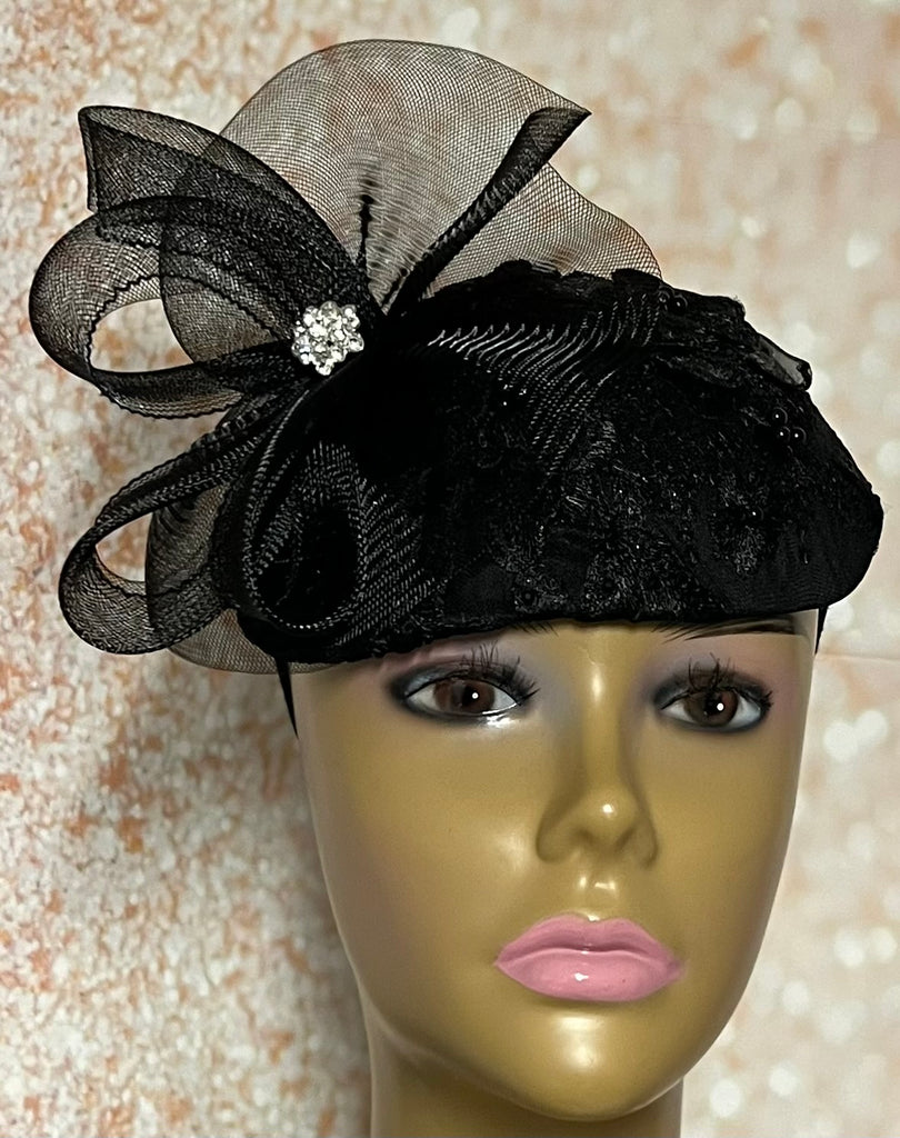 Black Lace Flower Half Hat Fascinator for weddings, church or funerals and tea parties