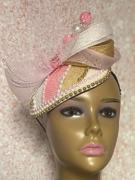 Pink, Gold, and Offwhite Multicolor Fascinator Half Hat, Church Head Covering, Tea Parties Weddings and other special occasion