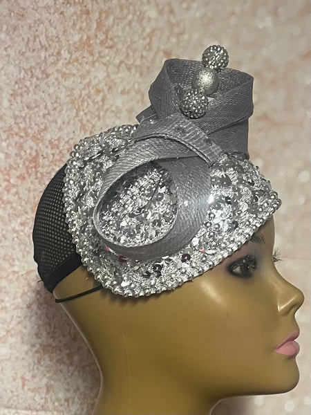 Silver Sequin Teardrop Shiny Bling Fascinator Half Hat for Church, Tea Parties, Weddings and other special occasions