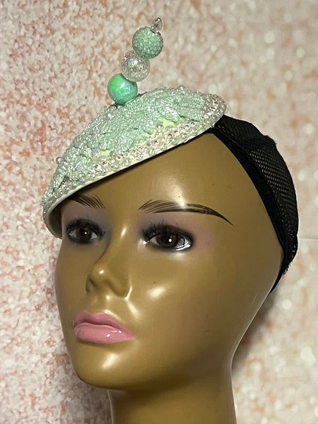 Mint Green Crystal Bead Bling Fascinator | Teardrop Half Hat for Church