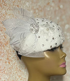 White Lace Rhinestone and Pearl Half Hat Fascinator for weddings, church, tea parties and special occasions