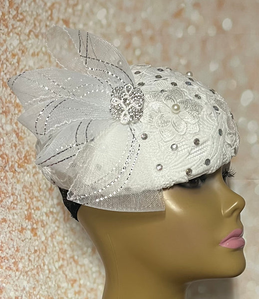 White Lace Rhinestone and Pearl Half Hat Fascinator for weddings, church, tea parties and special occasions